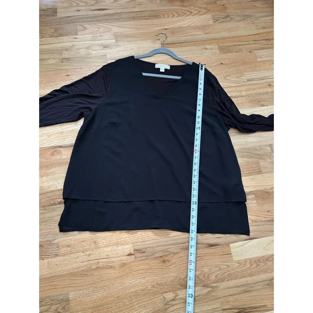 Michael Kors Layered Hem Tunic Women 2X Black Minimalist 3/4 Sleeve V-Neck Top